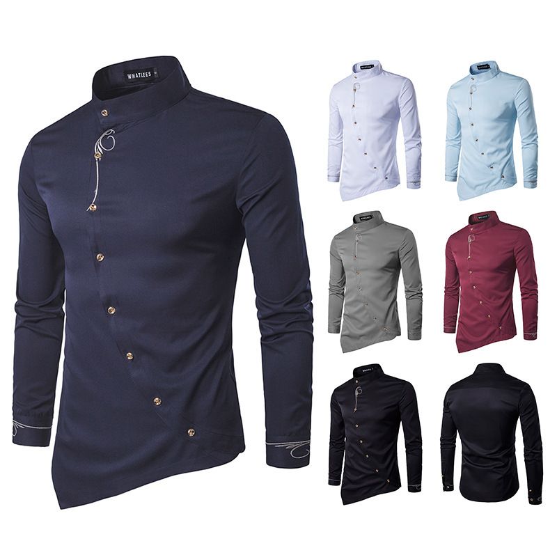 Fashion Men Oblique Button Irregular Double Breasted Men Long Sleeve Male Slim Fit Shirt