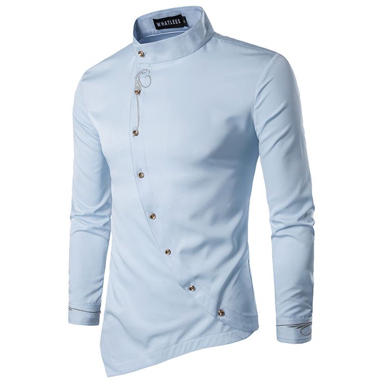Fashion Men Oblique Button Irregular Double Breasted Men Long Sleeve Male Slim Fit Shirt