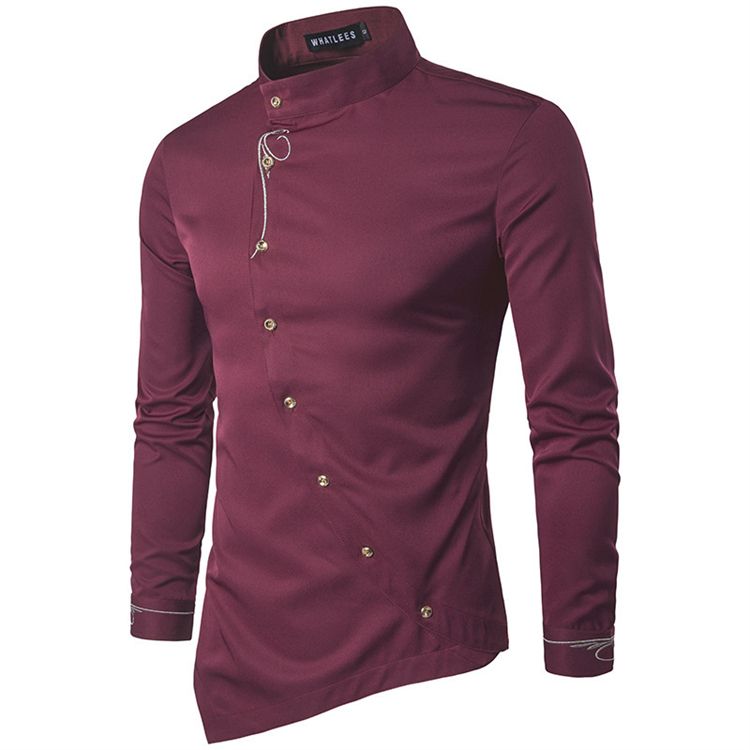 Fashion Men Oblique Button Irregular Double Breasted Men Long Sleeve Male Slim Fit Shirt