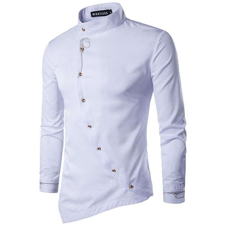Fashion Men Oblique Button Irregular Double Breasted Men Long Sleeve Male Slim Fit Shirt