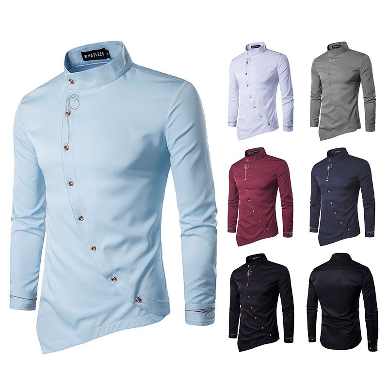 Fashion Men Oblique Button Irregular Double Breasted Men Long Sleeve Male Slim Fit Shirt