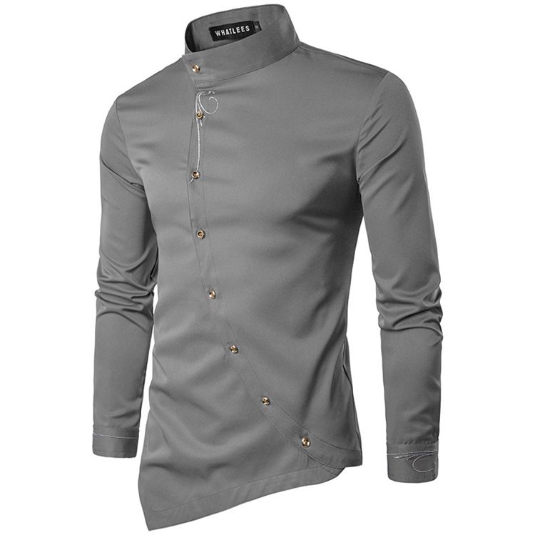Fashion Men Oblique Button Irregular Double Breasted Men Long Sleeve Male Slim Fit Shirt