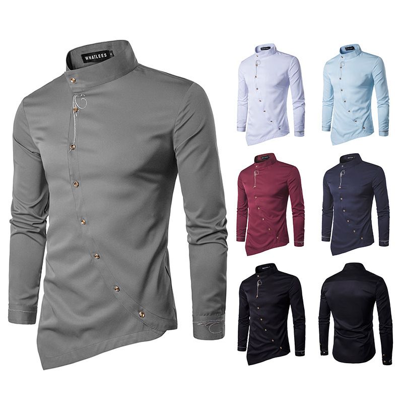 Fashion Men Oblique Button Irregular Double Breasted Men Long Sleeve Male Slim Fit Shirt