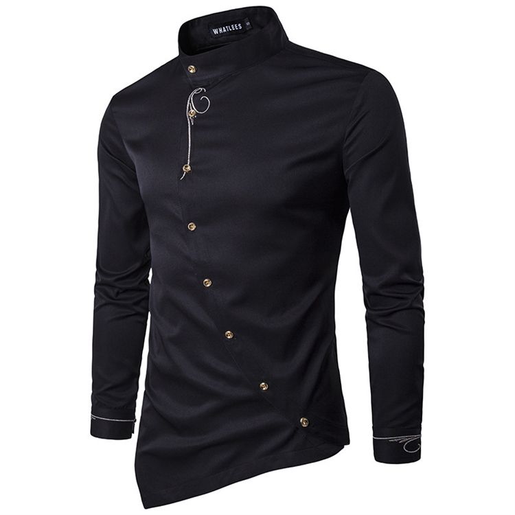 Fashion Men Oblique Button Irregular Double Breasted Men Long Sleeve Male Slim Fit Shirt