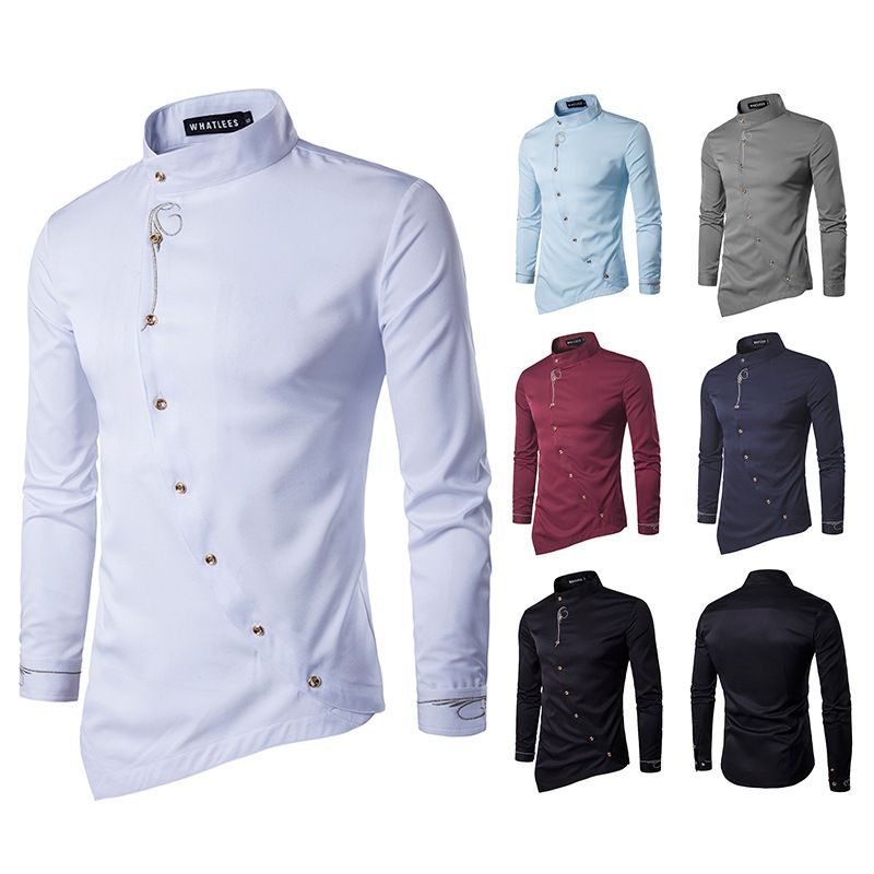Fashion Men Oblique Button Irregular Double Breasted Men Long Sleeve Male Slim Fit Shirt