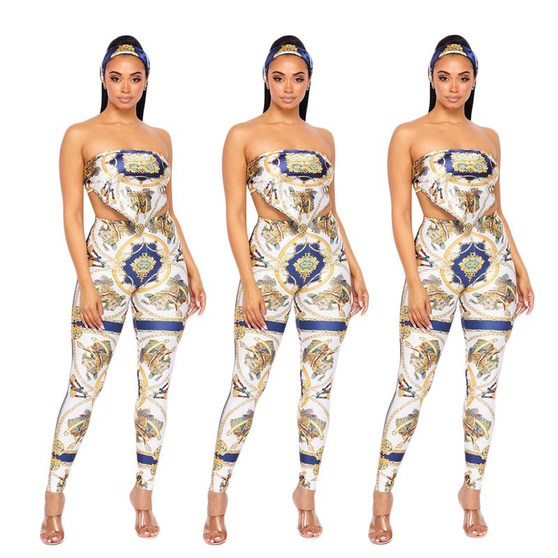 New Trend Sexy Chain Print Open Back Binding Tube Top &Tight Pants Set