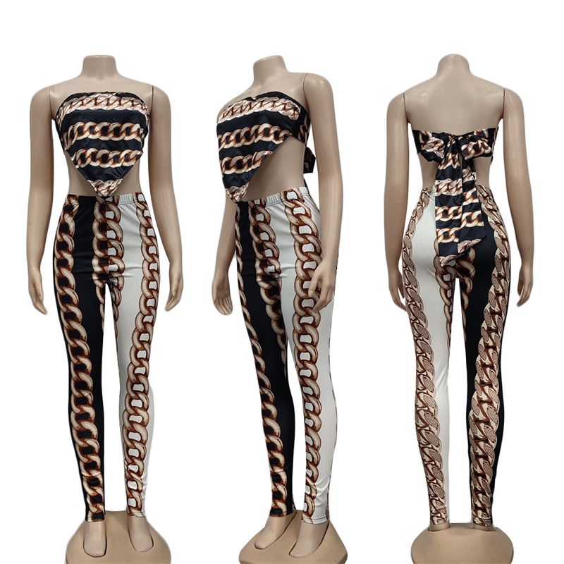 New Trend Sexy Chain Print Open Back Binding Tube Top &Tight Pants Set