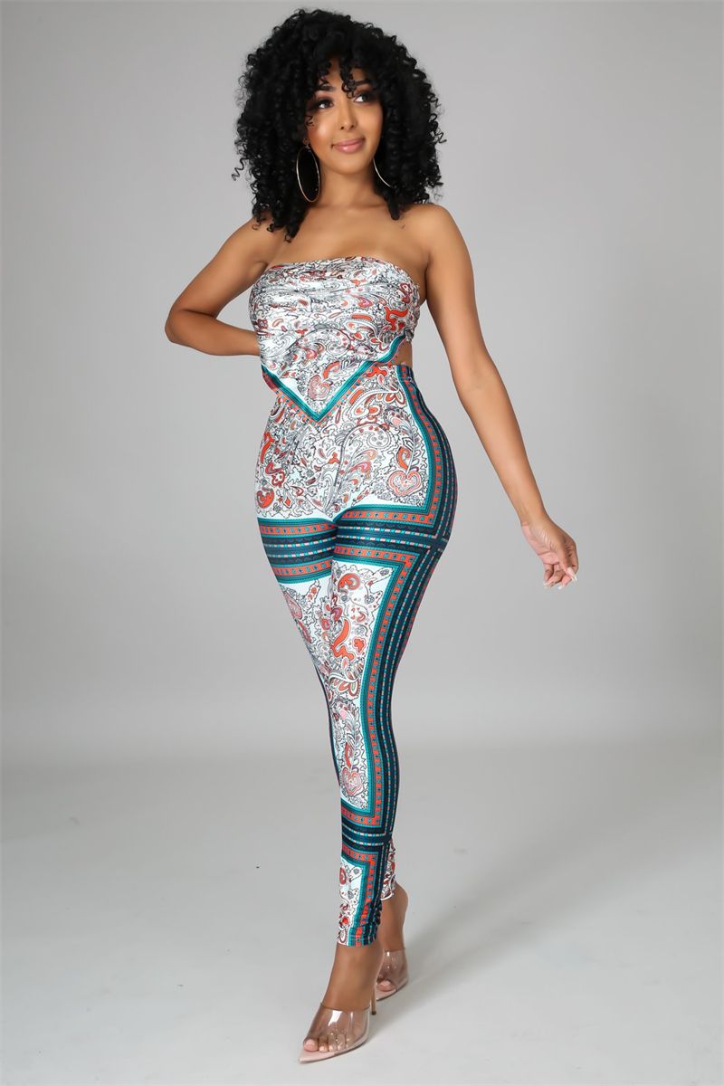 New Trend Sexy Chain Print Open Back Binding Tube Top &Tight Pants Set