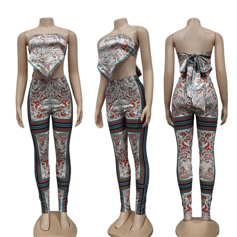 New Trend Sexy Chain Print Open Back Binding Tube Top &Tight Pants Set