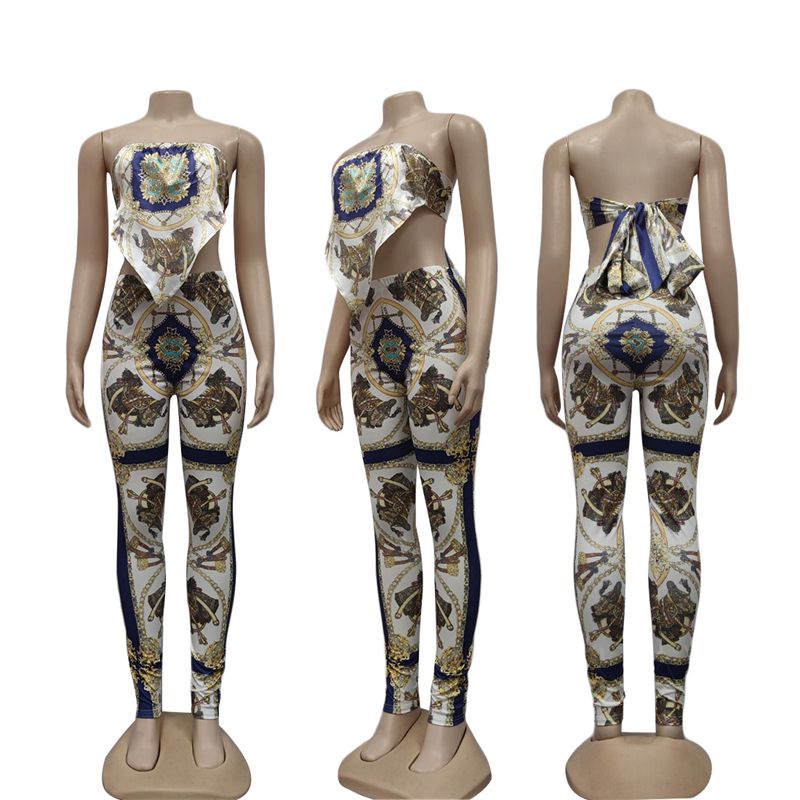 New Trend Sexy Chain Print Open Back Binding Tube Top &Tight Pants Set