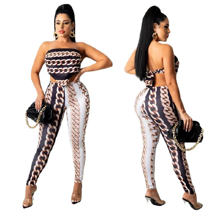 New Trend Sexy Chain Print Open Back Binding Tube Top &Tight Pants Set