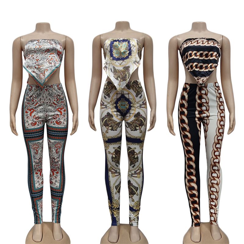 New Trend Sexy Chain Print Open Back Binding Tube Top &Tight Pants Set