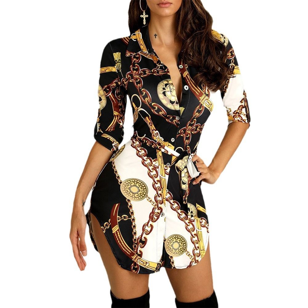 Fashion Trend Ladies Hem Chain Print Short Sleeve Summer Dress Midi Casual Dresses