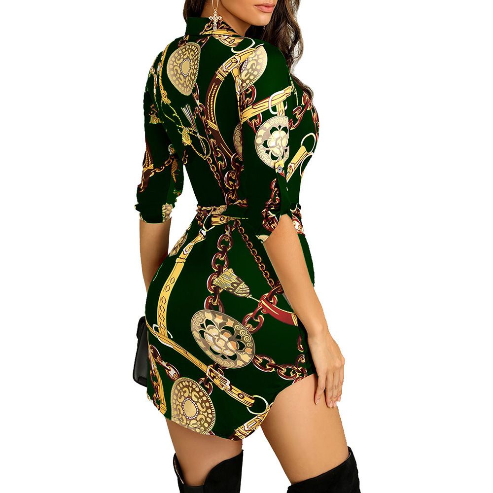 Fashion Trend Ladies Hem Chain Print Short Sleeve Summer Dress Midi Casual Dresses