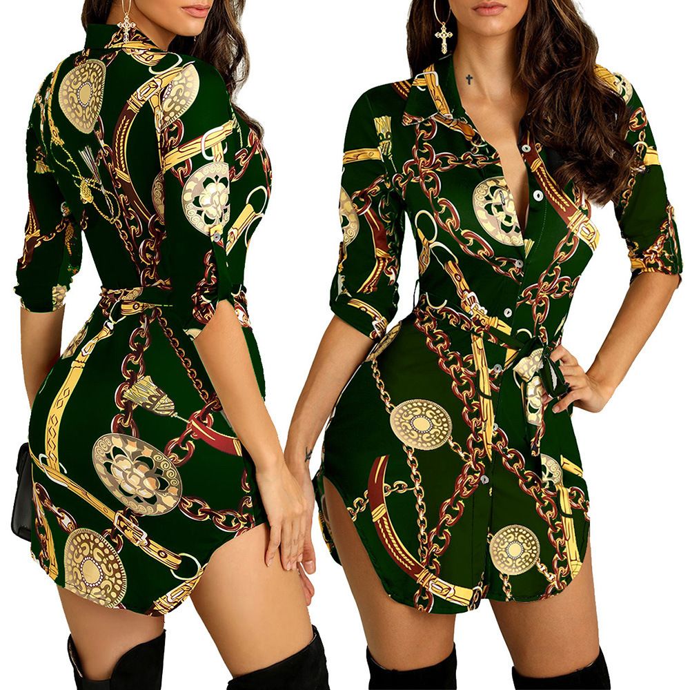 Fashion Trend Ladies Hem Chain Print Short Sleeve Summer Dress Midi Casual Dresses