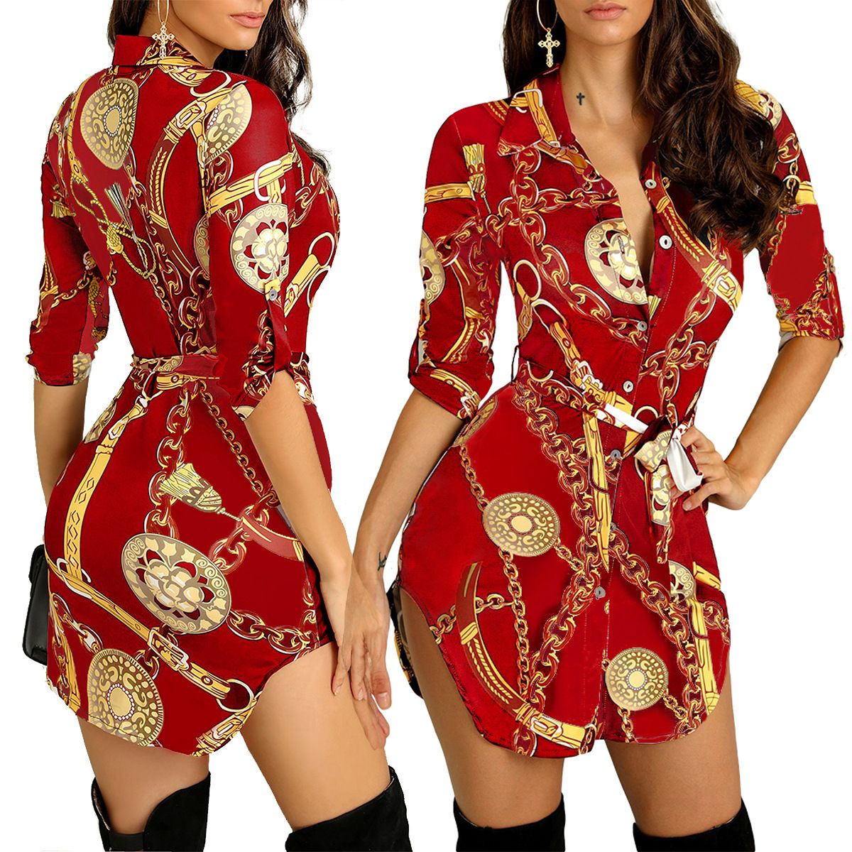 Fashion Trend Ladies Hem Chain Print Short Sleeve Summer Dress Midi Casual Dresses