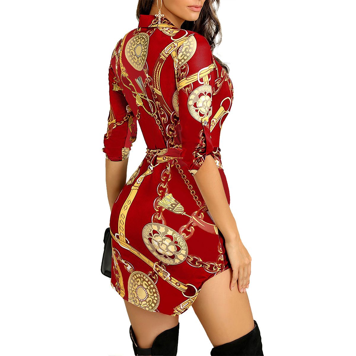 Fashion Trend Ladies Hem Chain Print Short Sleeve Summer Dress Midi Casual Dresses