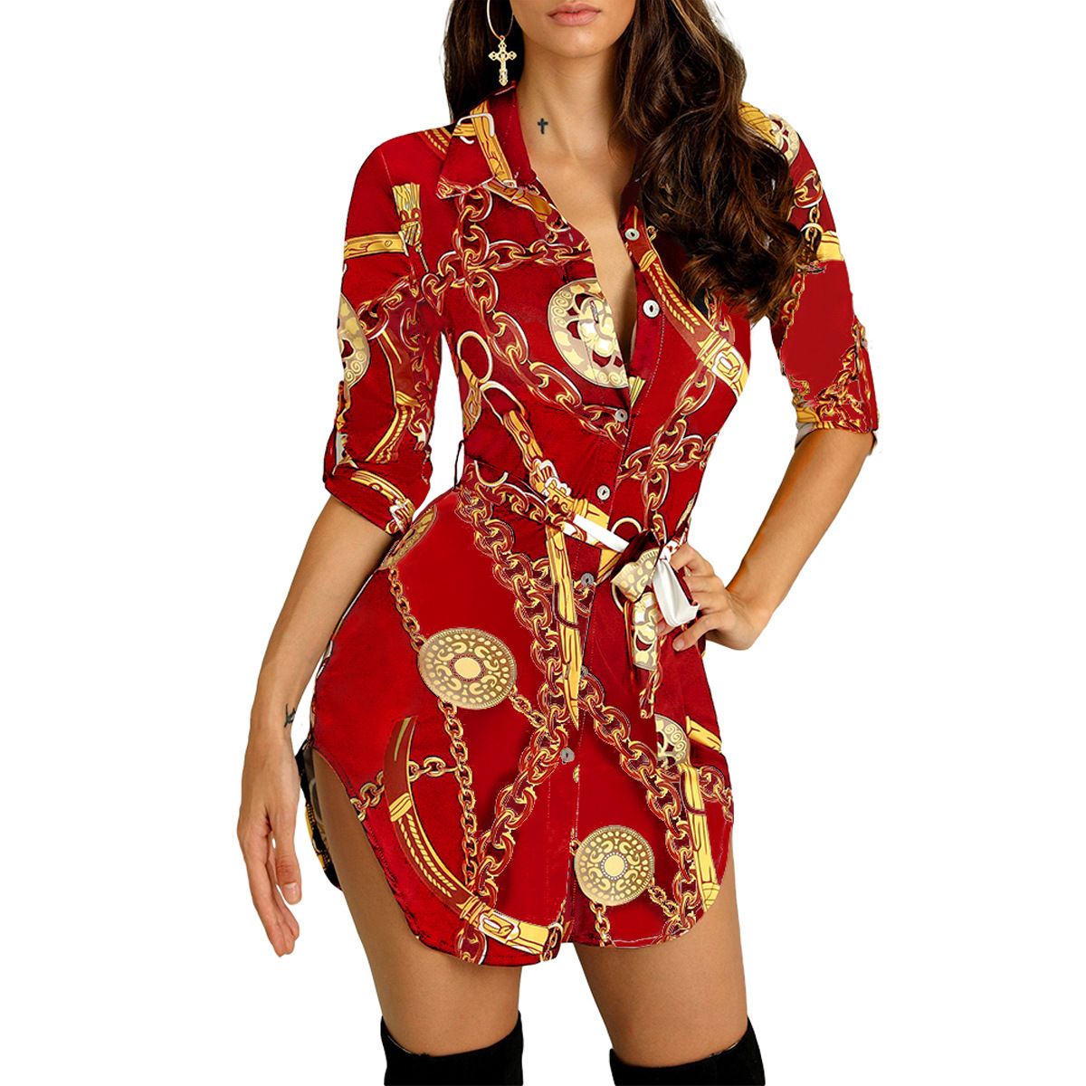 Fashion Trend Ladies Hem Chain Print Short Sleeve Summer Dress Midi Casual Dresses
