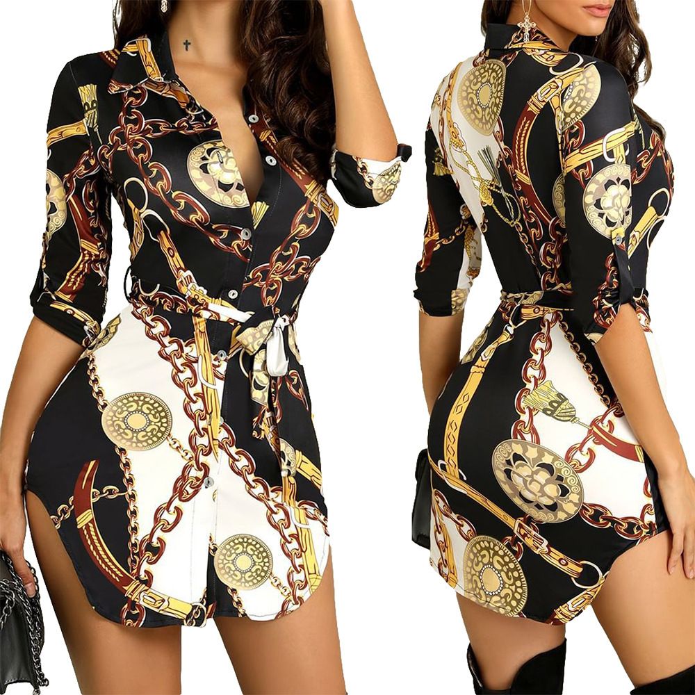 Fashion Trend Ladies Hem Chain Print Short Sleeve Summer Dress Midi Casual Dresses
