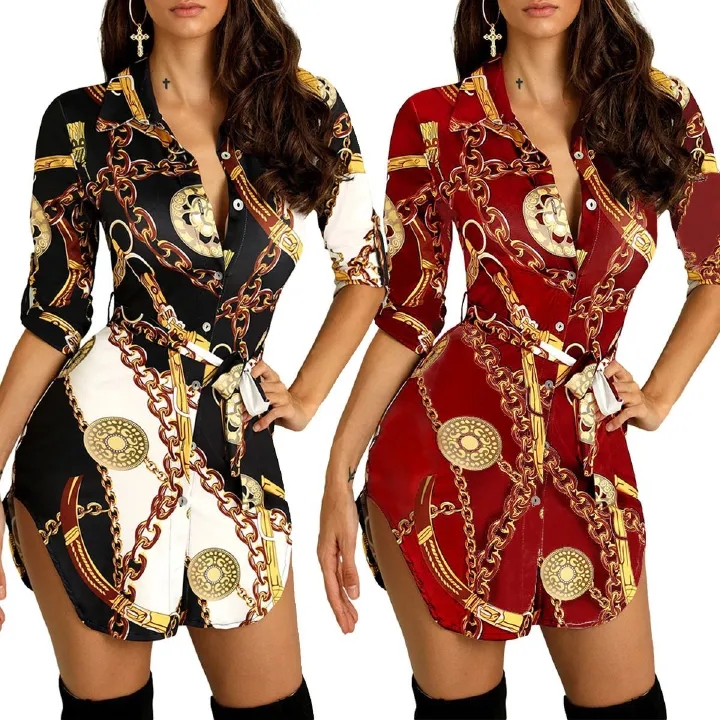 Fashion Trend Ladies Hem Chain Print Short Sleeve Summer Dress Midi Casual Dresses