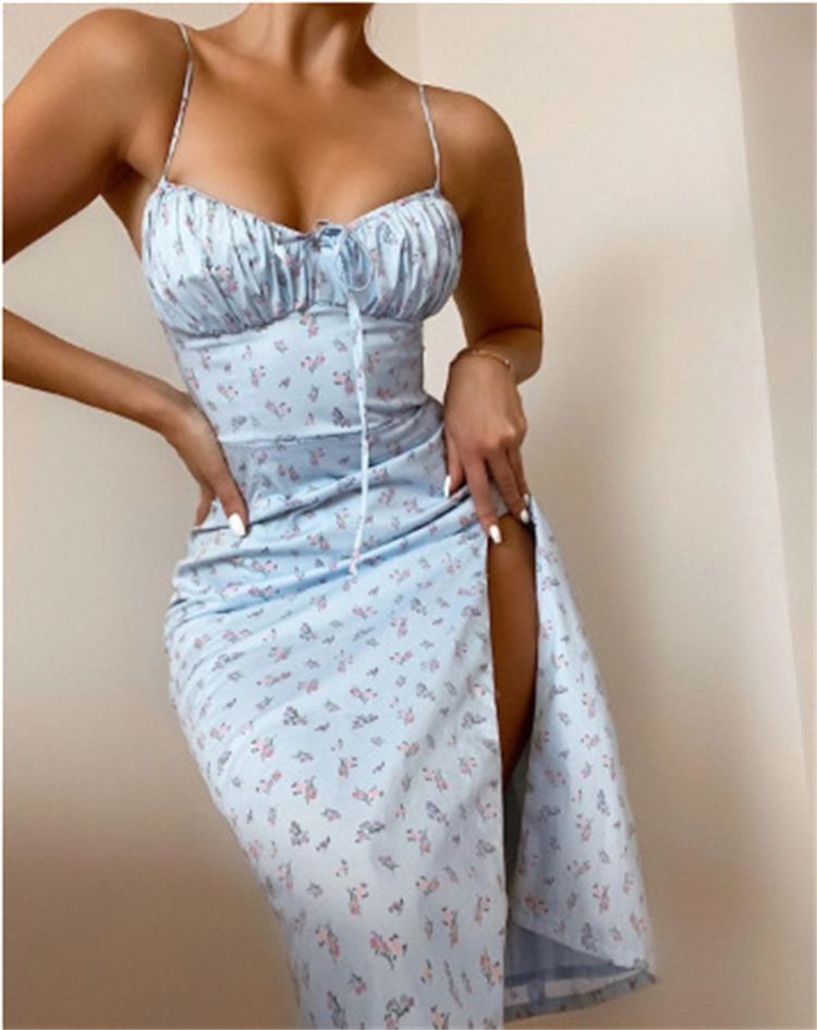 Summer dress spaghetti straps pleated lady dress split hem floral print sling midi dress for Women Clothing robe rouge