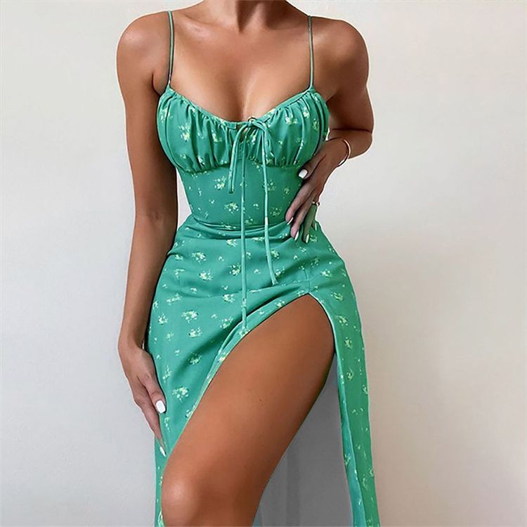 Summer dress spaghetti straps pleated lady dress split hem floral print sling midi dress for Women Clothing robe rouge