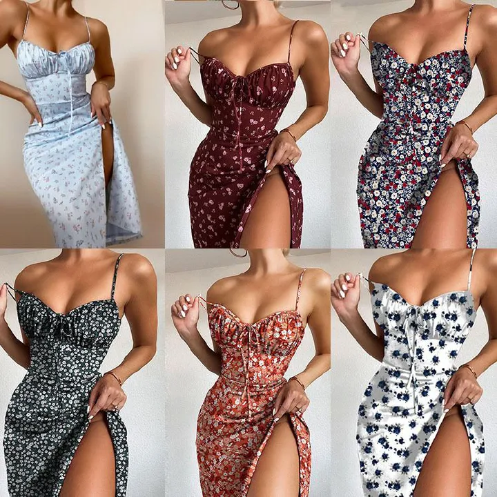 Summer dress spaghetti straps pleated lady dress split hem floral print sling midi dress for Women Clothing robe rouge