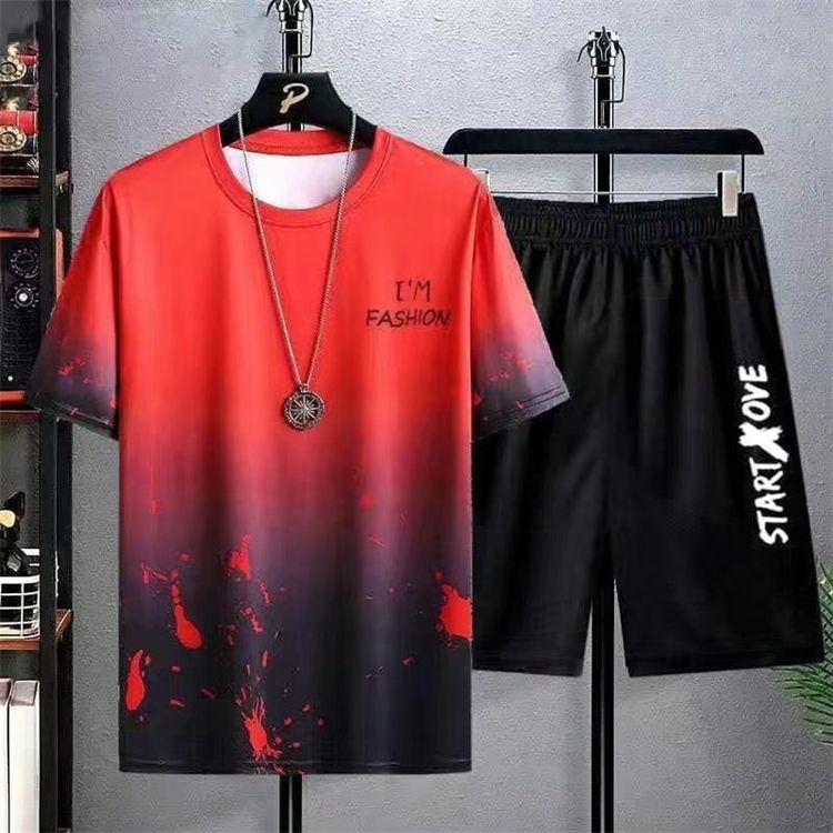 2 in 1 Men Clothes T-Shirts tshirts Shorts Polos Men Suits Fashion Summer Print Round Neck Short Sleeve Shorts T-Shirt Sets