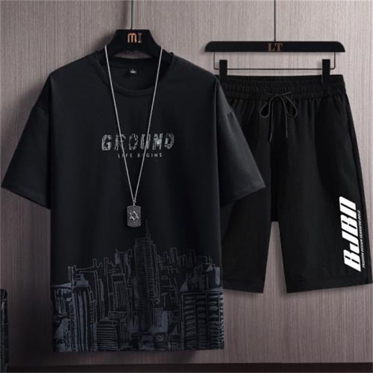 2 in 1 Men Clothes T-Shirts tshirts Shorts Polos Men Suits Fashion Summer Print Round Neck Short Sleeve Shorts T-Shirt Sets