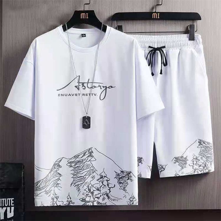 2 in 1 Men Clothes T-Shirts tshirts Shorts Polos Men Suits Fashion Summer Print Round Neck Short Sleeve Shorts T-Shirt Sets