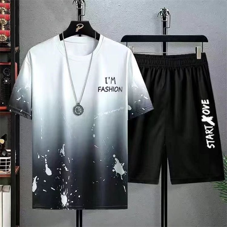 2 in 1 Men Clothes T-Shirts tshirts Shorts Polos Men Suits Fashion Summer Print Round Neck Short Sleeve Shorts T-Shirt Sets