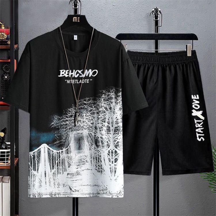 2 in 1 Men Clothes T-Shirts tshirts Shorts Polos Men Suits Fashion Summer Print Round Neck Short Sleeve Shorts T-Shirt Sets
