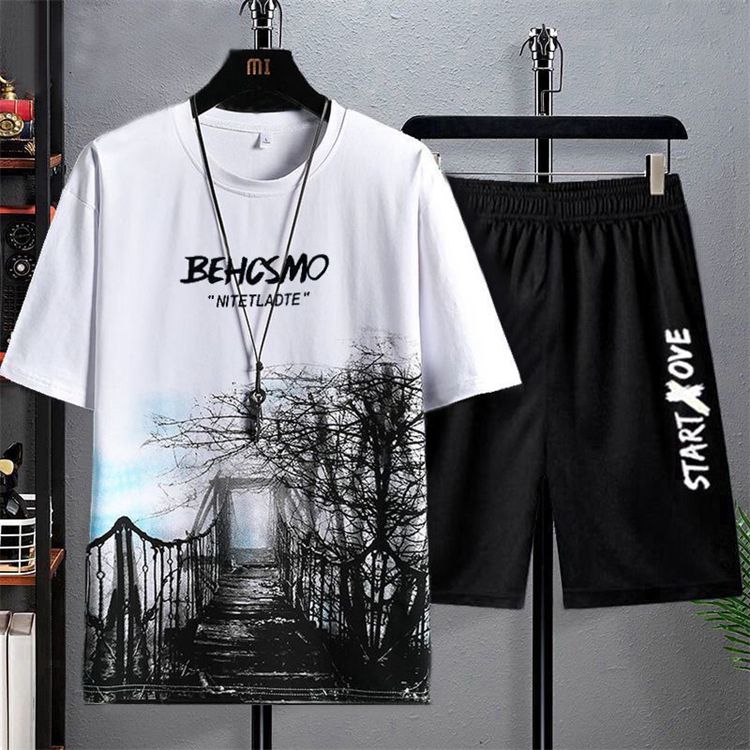 2 in 1 Men Clothes T-Shirts tshirts Shorts Polos Men Suits Fashion Summer Print Round Neck Short Sleeve Shorts T-Shirt Sets