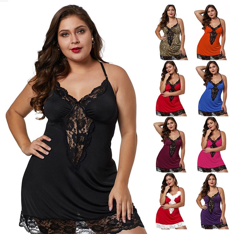 New Plus Size Sleepwear Sexy V-neck Lingerie Night Dresses Women big size Lace Nightwear