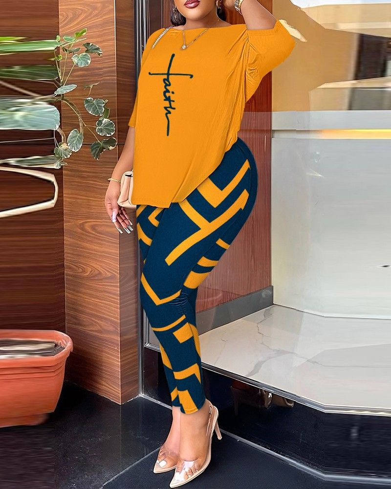 New Women's Fashion Casual Open Back Printing Leisure Temperament Commuter Pants Half Sleeve Pants Set
