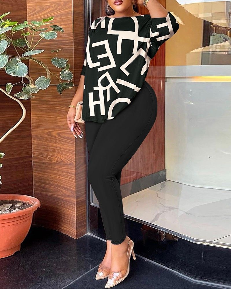 New Women's Fashion Casual Open Back Printing Leisure Temperament Commuter Pants Half Sleeve Pants Set