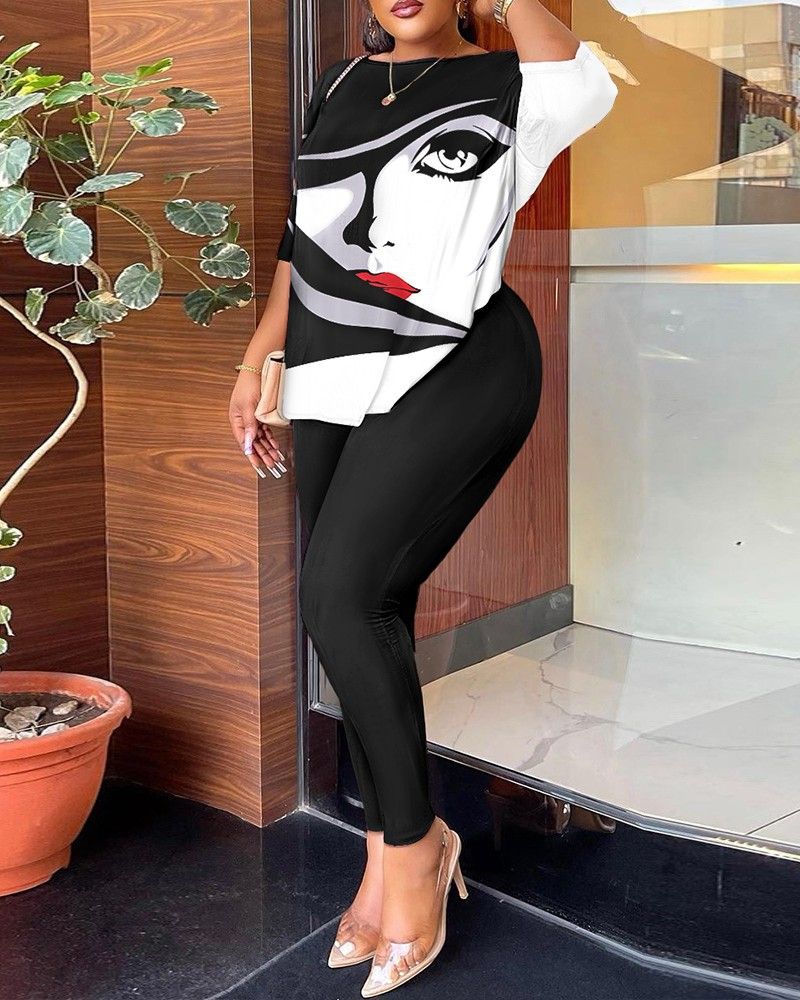 New Women's Fashion Casual Open Back Printing Leisure Temperament Commuter Pants Half Sleeve Pants Set