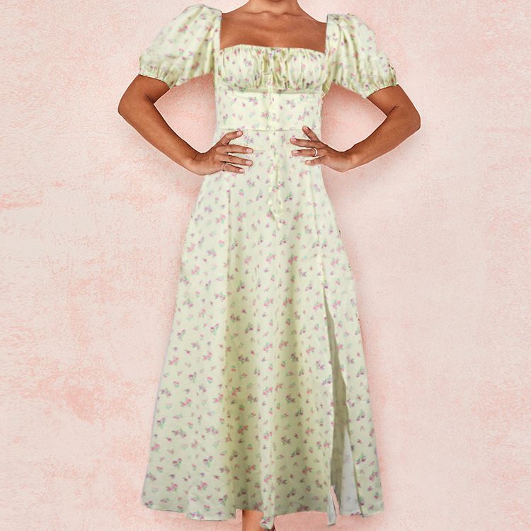 Summer Lady Dress Women Short Puff Sleeve Flroal Printed Ruched Party High Split Long Maxi Dresses Drawstring Sexy Sundress