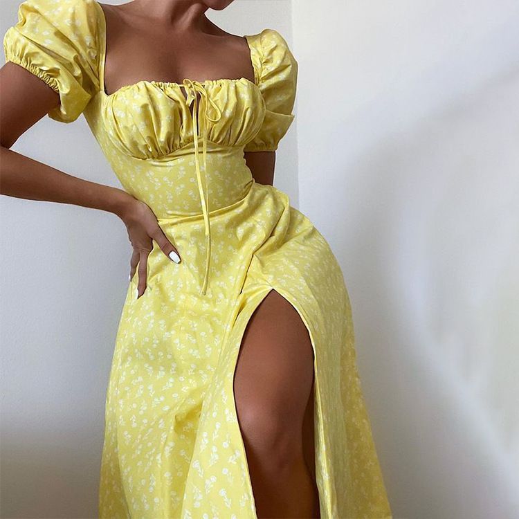 Summer Lady Dress Women Short Puff Sleeve Flroal Printed Ruched Party High Split Long Maxi Dresses Drawstring Sexy Sundress