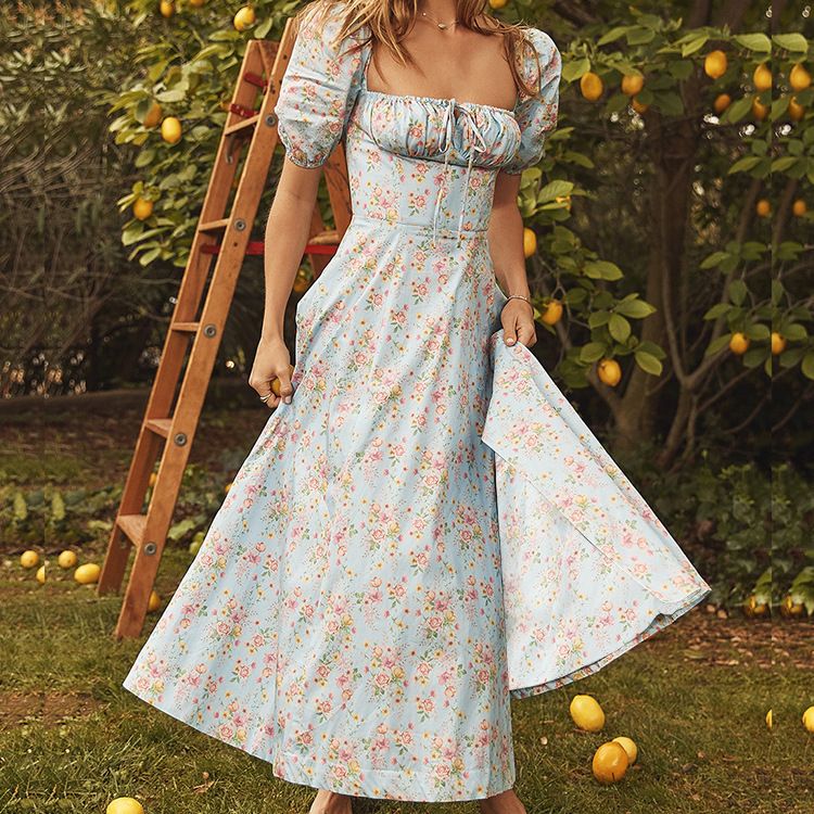 Summer Lady Dress Women Short Puff Sleeve Flroal Printed Ruched Party High Split Long Maxi Dresses Drawstring Sexy Sundress