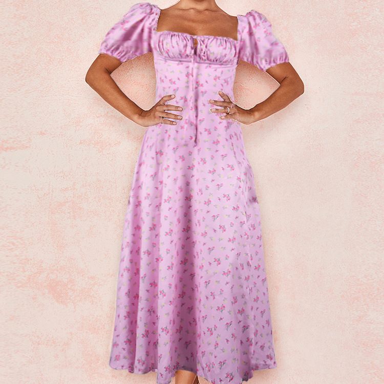 Summer Lady Dress Women Short Puff Sleeve Flroal Printed Ruched Party High Split Long Maxi Dresses Drawstring Sexy Sundress