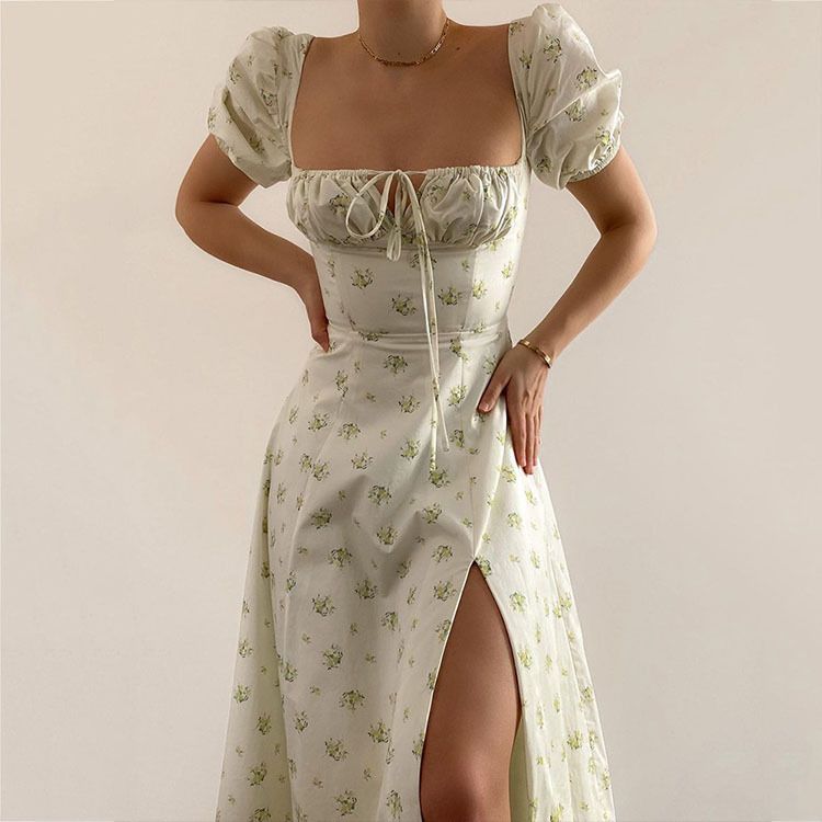 Summer Lady Dress Women Short Puff Sleeve Flroal Printed Ruched Party High Split Long Maxi Dresses Drawstring Sexy Sundress