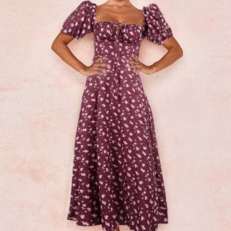 Summer Lady Dress Women Short Puff Sleeve Flroal Printed Ruched Party High Split Long Maxi Dresses Drawstring Sexy Sundress