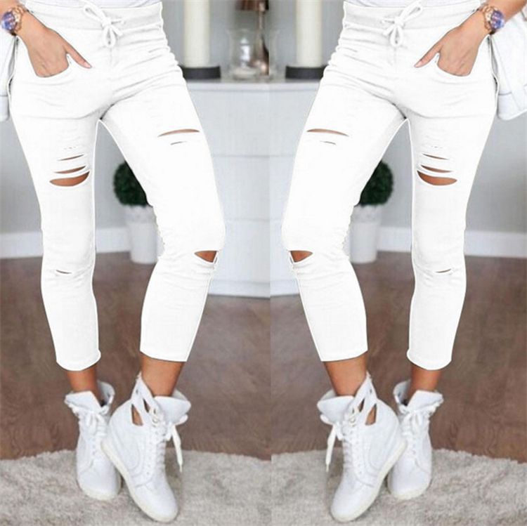 Skinny Jeans Women Denim Pants Holes Destroyed Knee Pencil Pants Casual Trousers Stretch Ripped