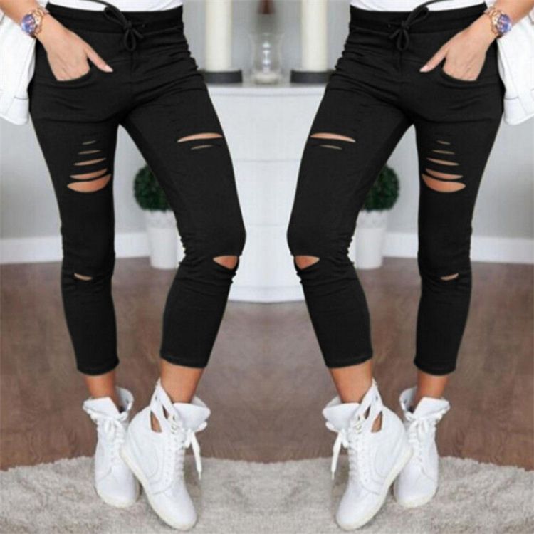 Skinny Jeans Women Denim Pants Holes Destroyed Knee Pencil Pants Casual Trousers Stretch Ripped