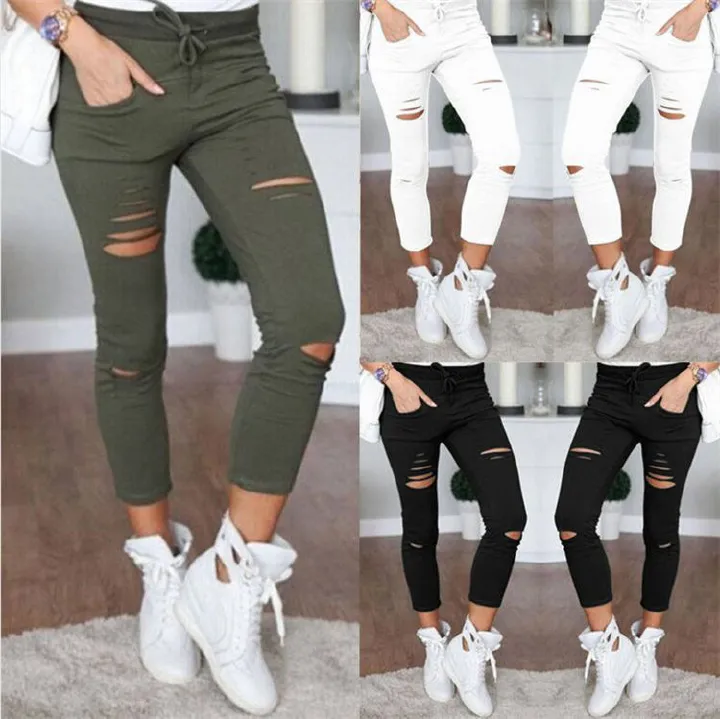Skinny Jeans Women Denim Pants Holes Destroyed Knee Pencil Pants Casual Trousers Stretch Ripped