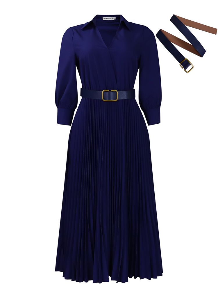 New Fashion Solid Elegant Long Dress Plus Size Women‘s Dresses Collar V-neck Long Sleeve With Waist Belt Turn-down Dress