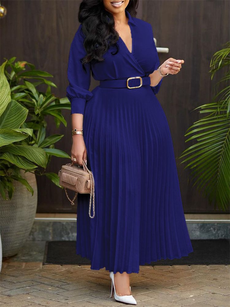 New Fashion Solid Elegant Long Dress Plus Size Women‘s Dresses Collar V-neck Long Sleeve With Waist Belt Turn-down Dress