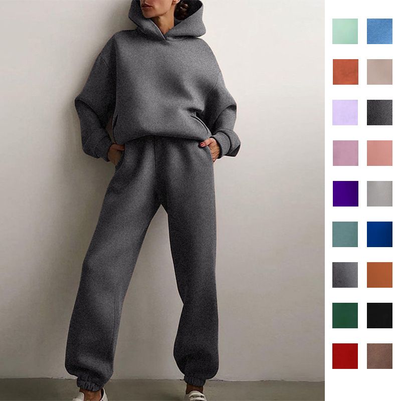 Winter Solid Plain Women Tracksuit Fleeced Sweat Pant and Hoodie Jogging Suit Sets Custom Unisex Sweatsuit Set