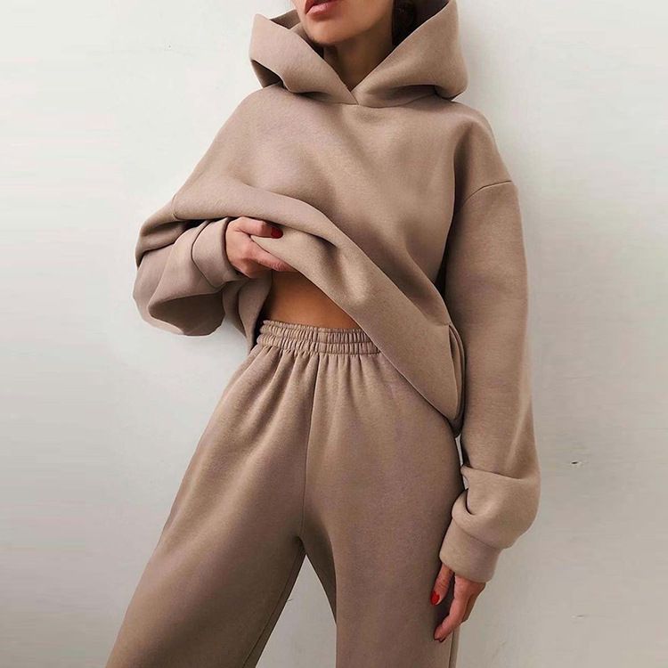 Winter Solid Plain Women Tracksuit Fleeced Sweat Pant and Hoodie Jogging Suit Sets Custom Unisex Sweatsuit Set